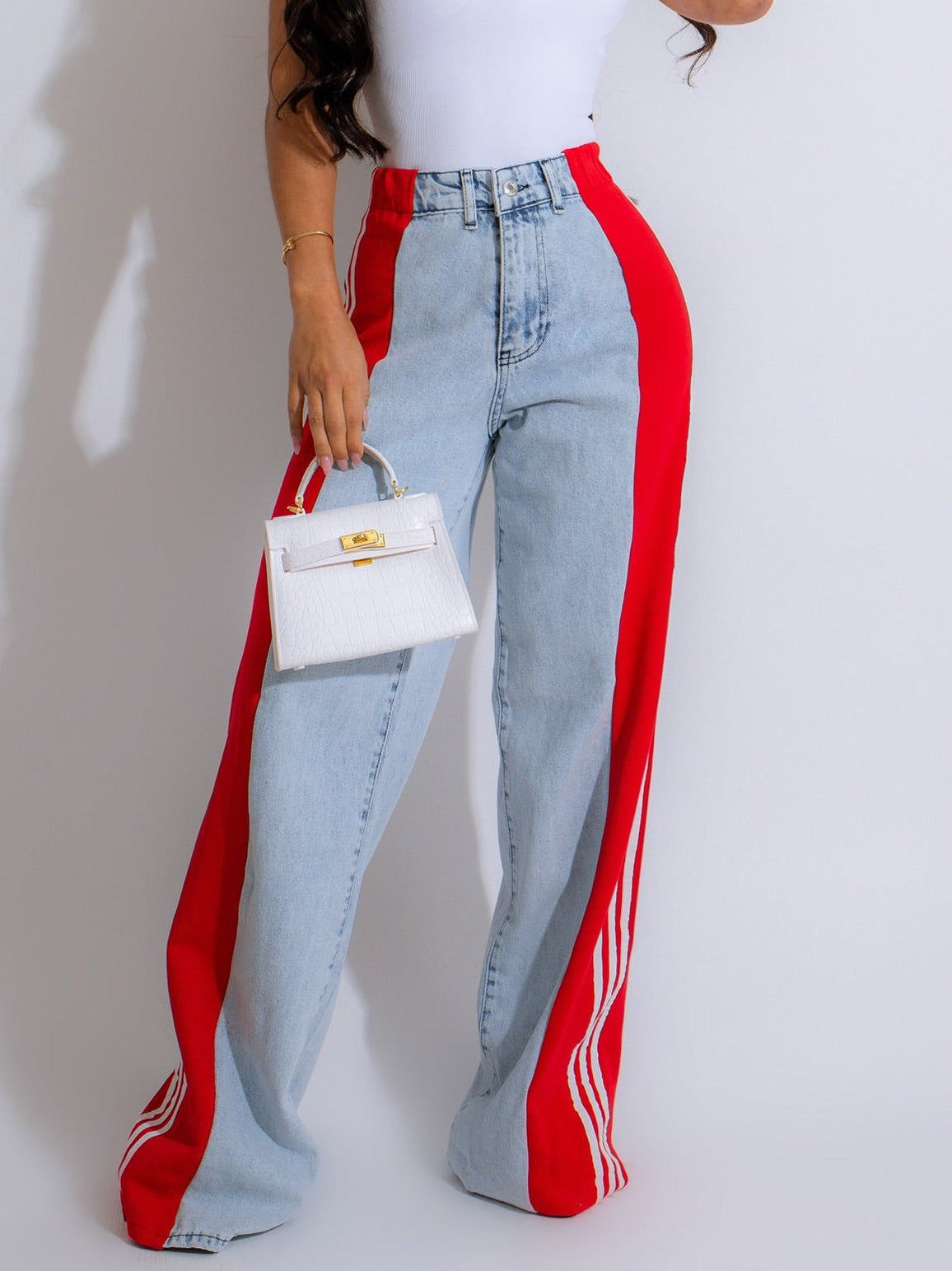 2024 Fashion Casual High Waist Elastic Straight Leg Trousers Three Stripe Patchwork Denim Wide Leg Pants Streetwear