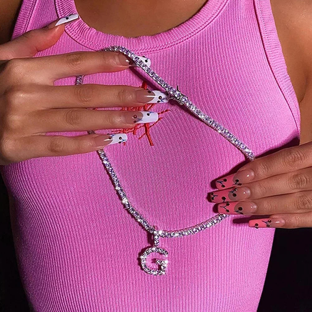 Iced Out Big Rhinestone Letters Pendant Tennis Necklaces For Women Pink Crystal 26 Initials Choker Collar Punk Party Jewelry New