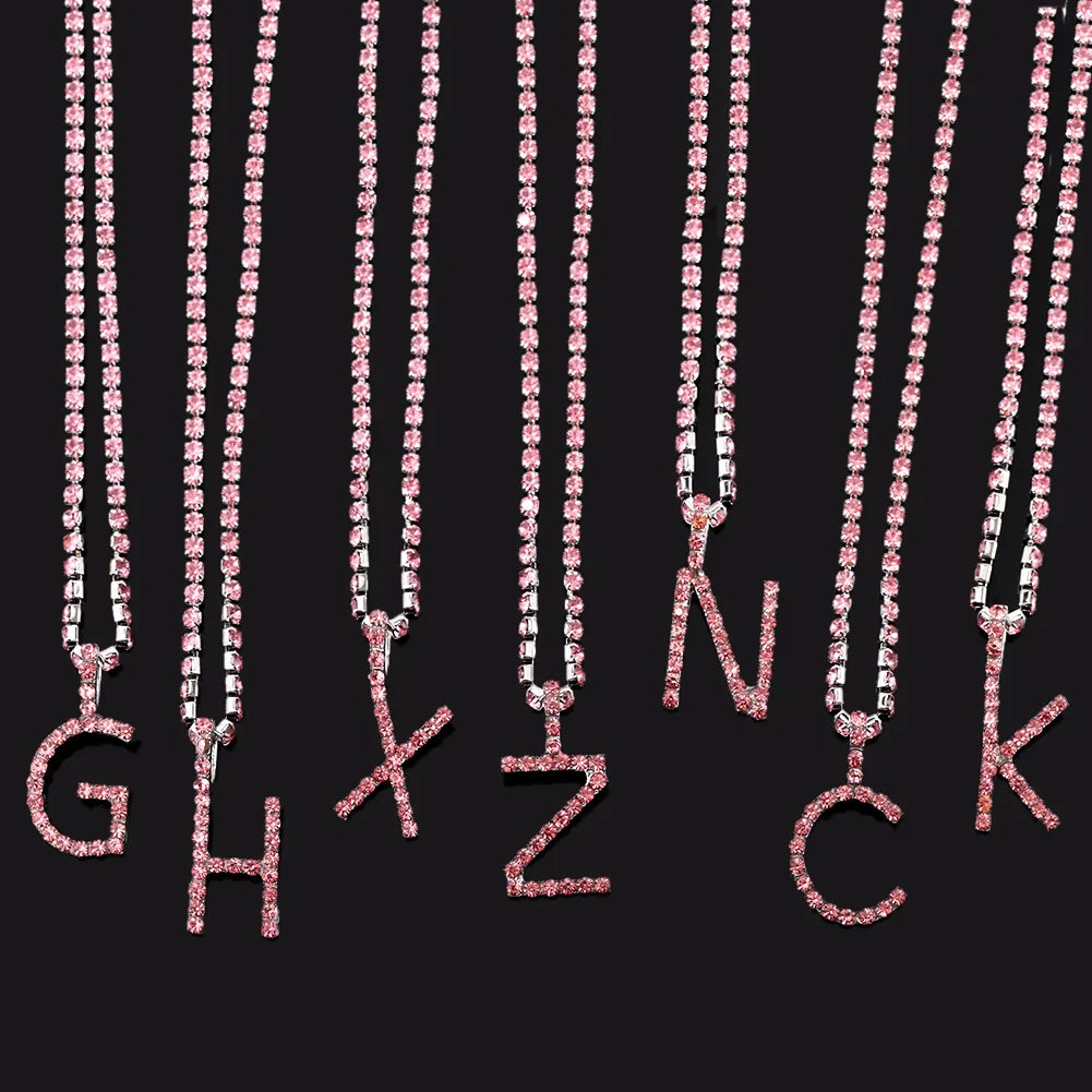 Iced Out Big Rhinestone Letters Pendant Tennis Necklaces For Women Pink Crystal 26 Initials Choker Collar Punk Party Jewelry New