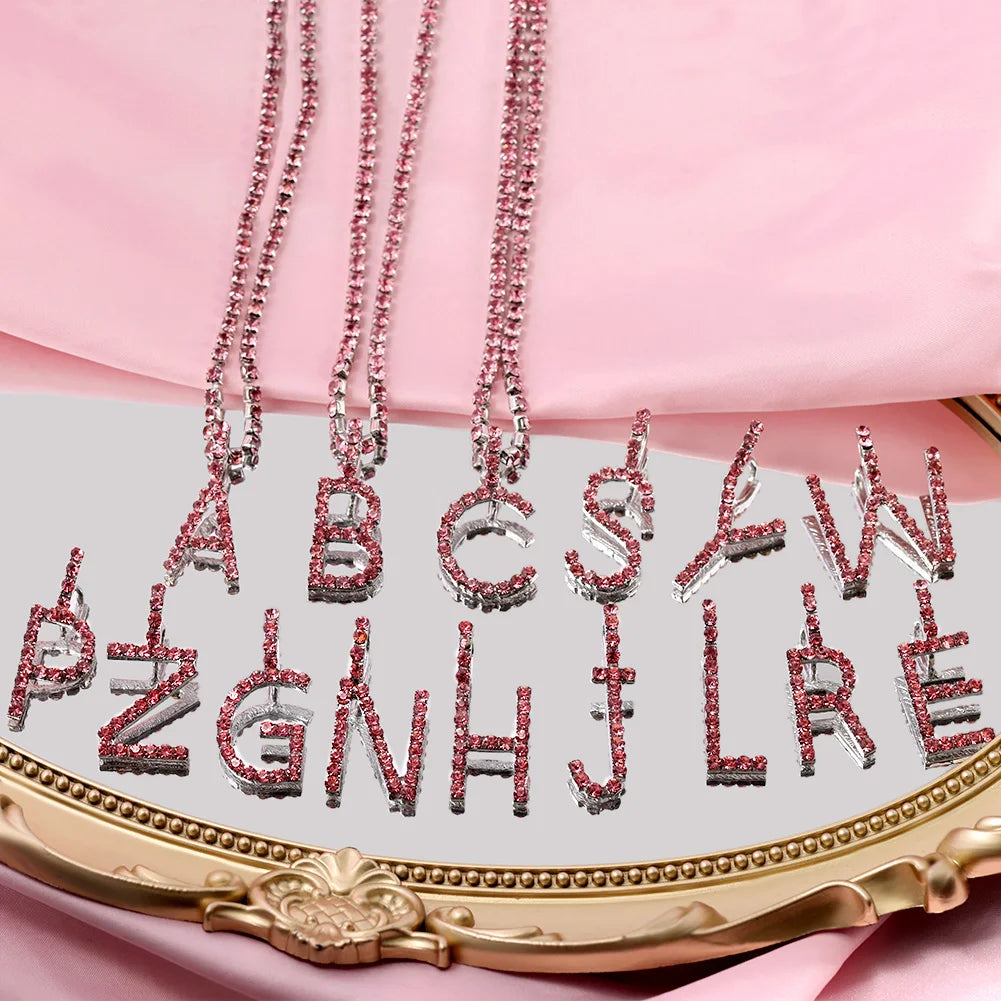 Iced Out Big Rhinestone Letters Pendant Tennis Necklaces For Women Pink Crystal 26 Initials Choker Collar Punk Party Jewelry New