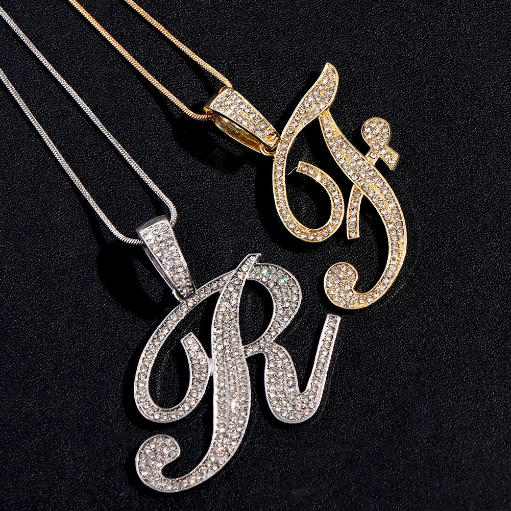 Bling Iced Out Paved Rhinestone Cursive Letter Pendant Necklace For Women Fashion A-Z Initial Letter Rope Chain Necklace Jewelry