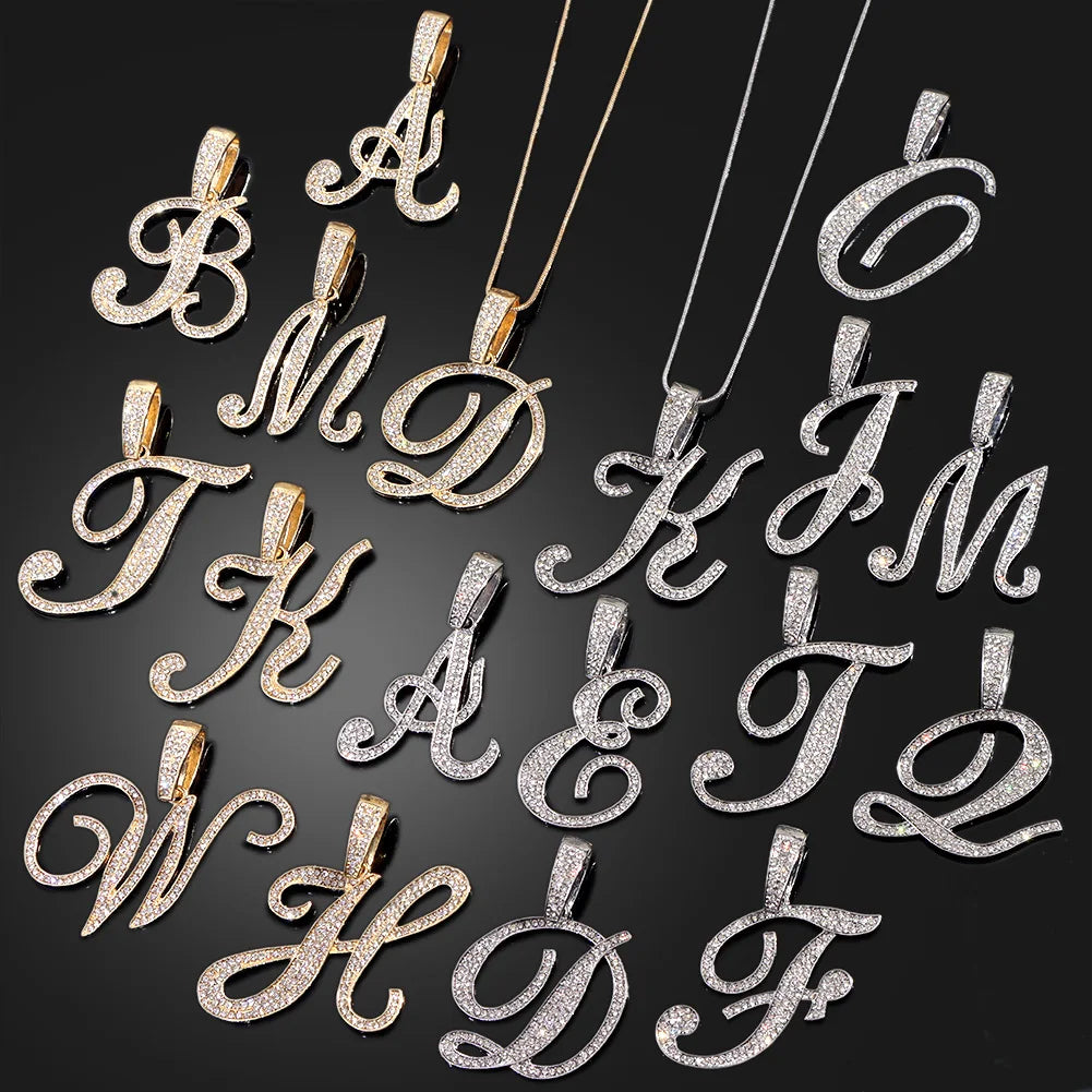 Bling Iced Out Paved Rhinestone Cursive Letter Pendant Necklace For Women Fashion A-Z Initial Letter Rope Chain Necklace Jewelry