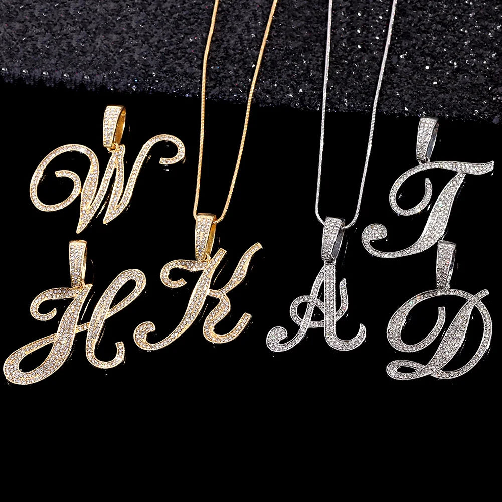 Bling Iced Out Paved Rhinestone Cursive Letter Pendant Necklace For Women Fashion A-Z Initial Letter Rope Chain Necklace Jewelry